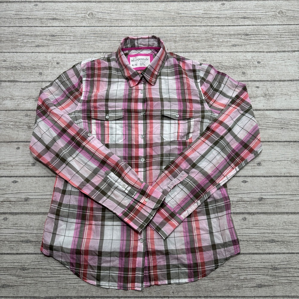 Aeropostale Shirt Women's XL Pink White Plaid Button Down Long Sleeve Western